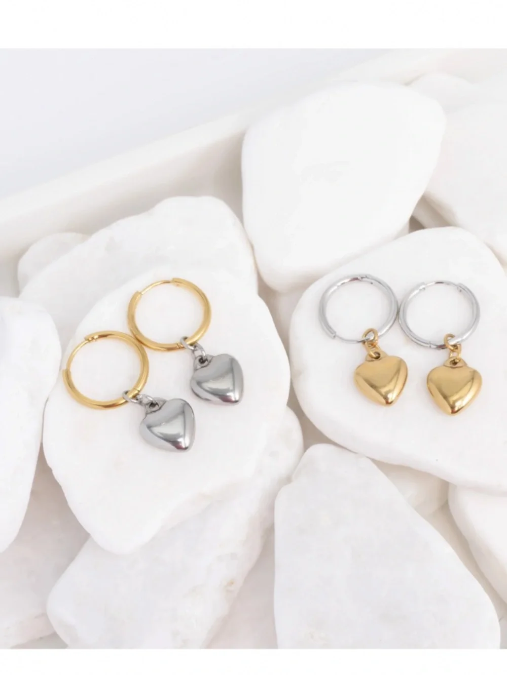 Earrings 18K Gold PVD Stainless Steel Mixed Metal Huggie Heart Charm